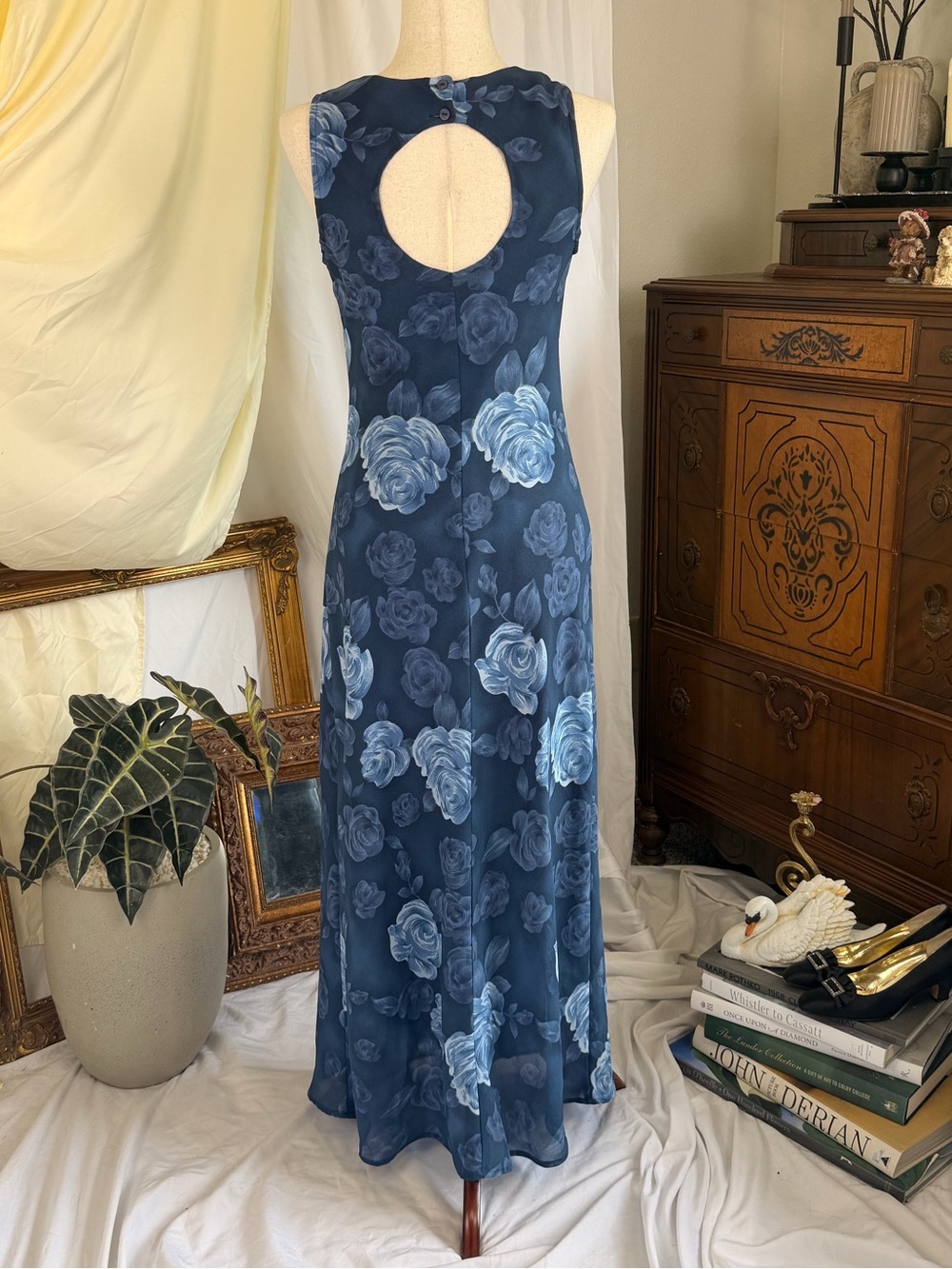 Vintage 90s Y2K Blue Floral Sleeveless Maxi Dress Johnnie M Small Fairy Whimsy - Picture 2 of 5